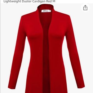 Red cardigan long to knees.